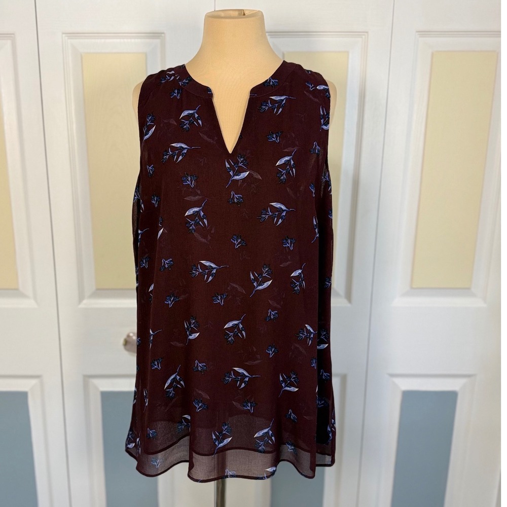 Cabi 3444 Women Burgundy Blue Floral V-Neck Sleeveless Chiffon Blouse Large